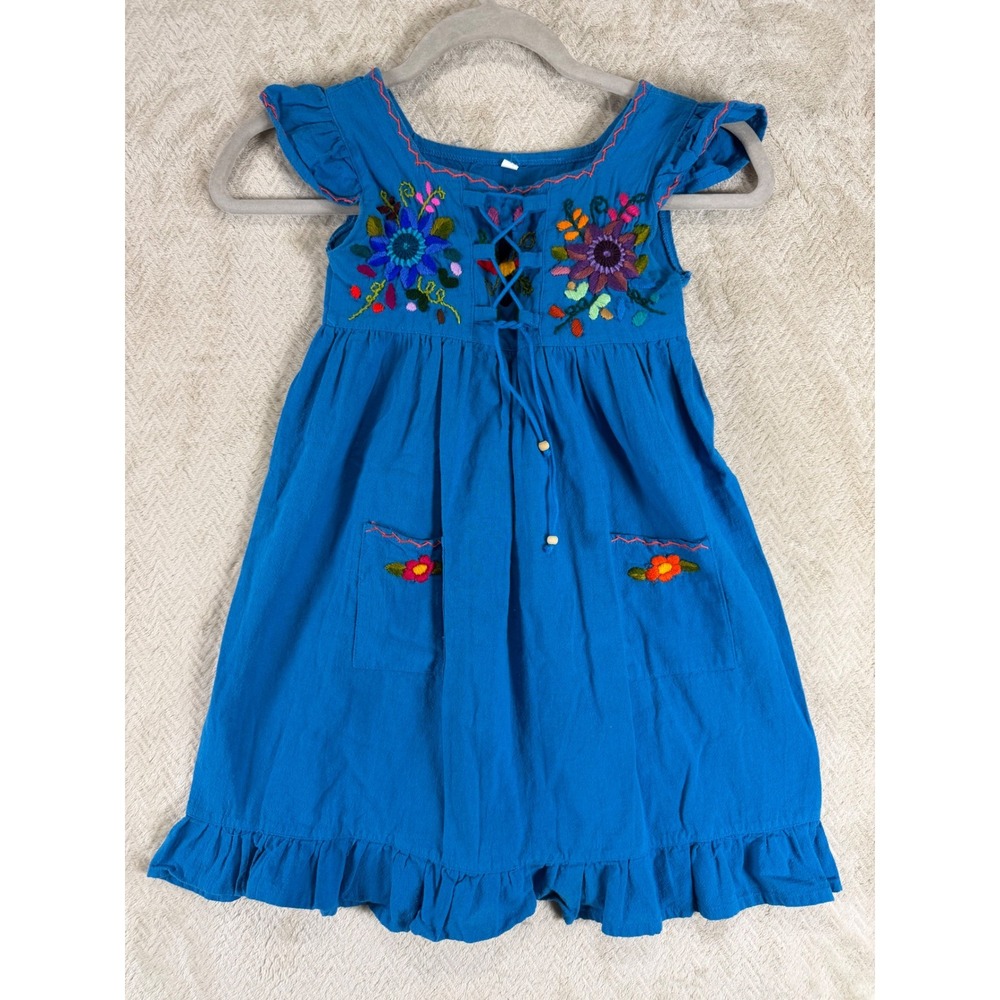 Mexican Embroidered Floral Blue Cotton Ruffle Dress Kids Size 8 Boho Folk